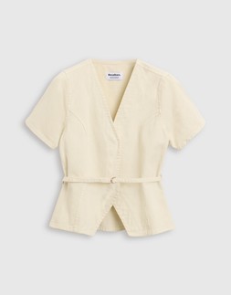 Denim Belted Short Sleeve Top in Ecru